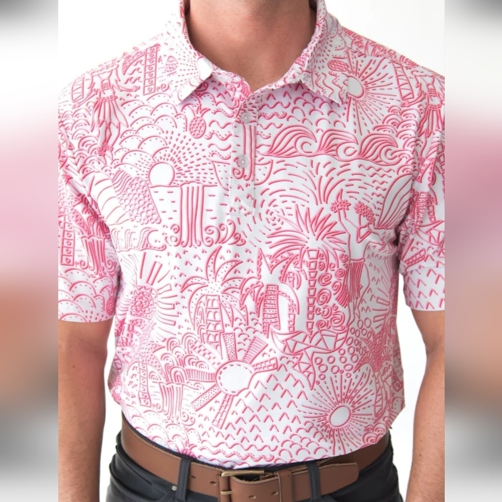 Men's Yatta Pink Graphic Golf Shirt. Sz S